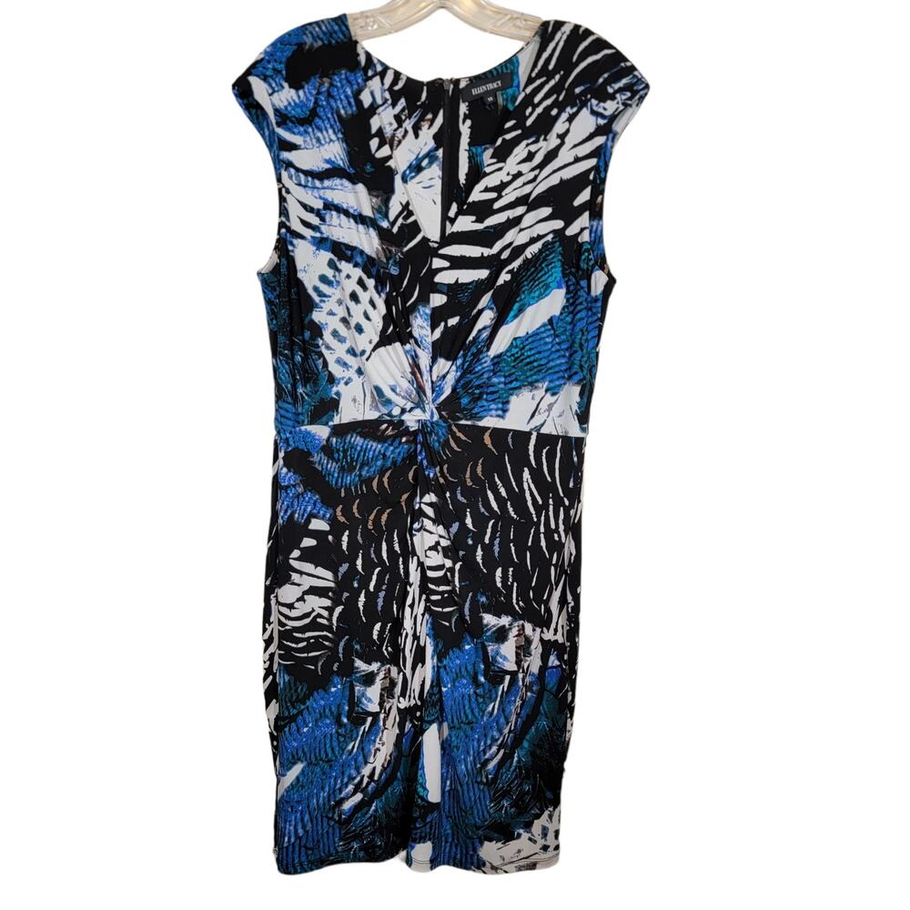 Ellen Tracy Sheath Dress Knee Length V Neck Sleeveless Twist Front Blue Size 14